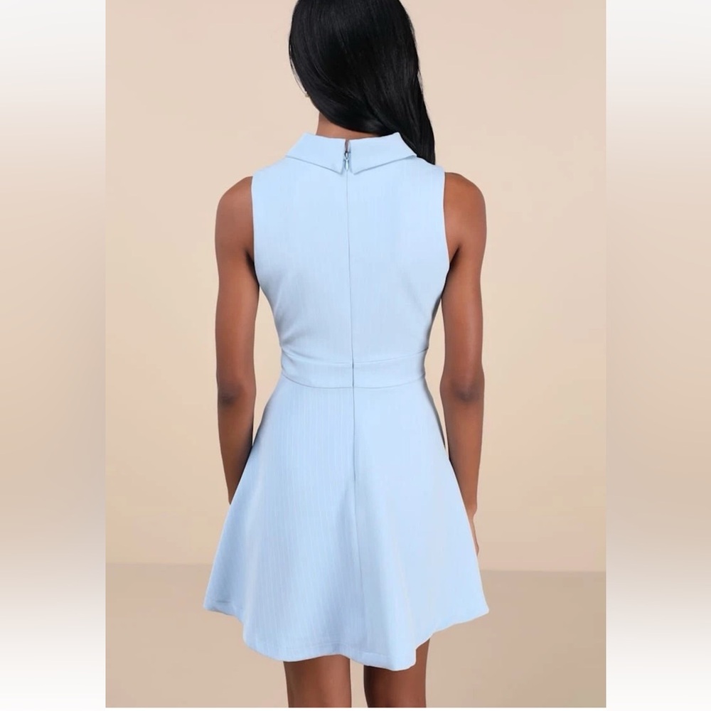 Lulus Blue Pinstriped Collared Mini Dress With Pockets NWT Size L Large - Picture 4 of 11